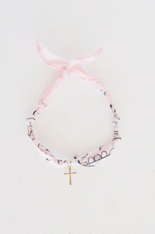 Jenna Pink Bandana Bracelet with Gold Cross Charm