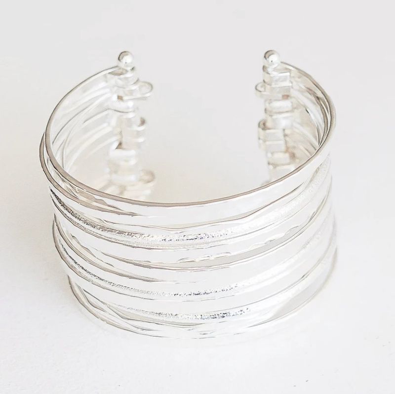 Bonnie Chunky Stacked Hammered Silver Cuff Adjustable