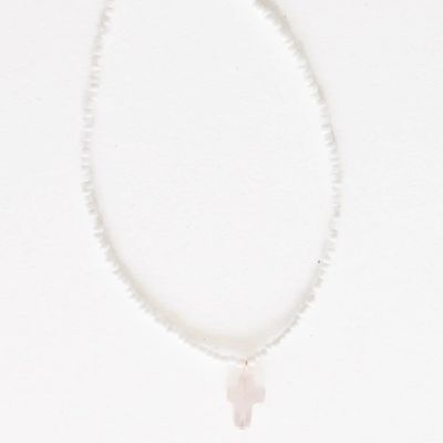 Tatum White Beaded White Rose Quartz Cross Necklace