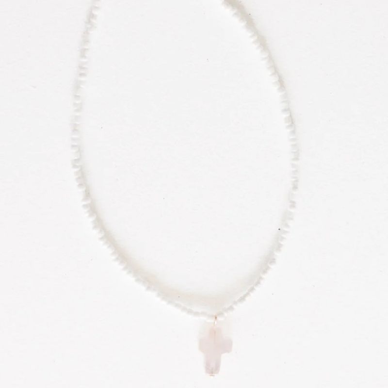 Tatum White Beaded White Rose Quartz Cross Necklace