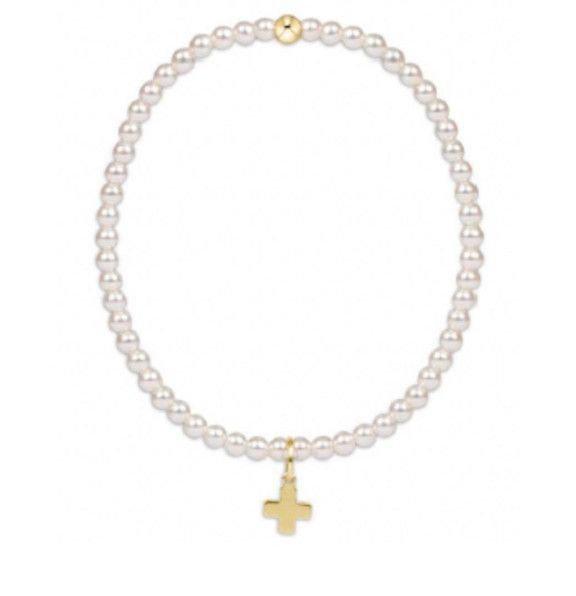 Classic Pearl 3mm Bead Signature Cross Gold Charm Bracelet
