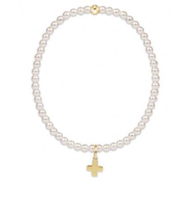 Classic Pearl 3mm Bead Signature Cross Gold Charm Bracelet