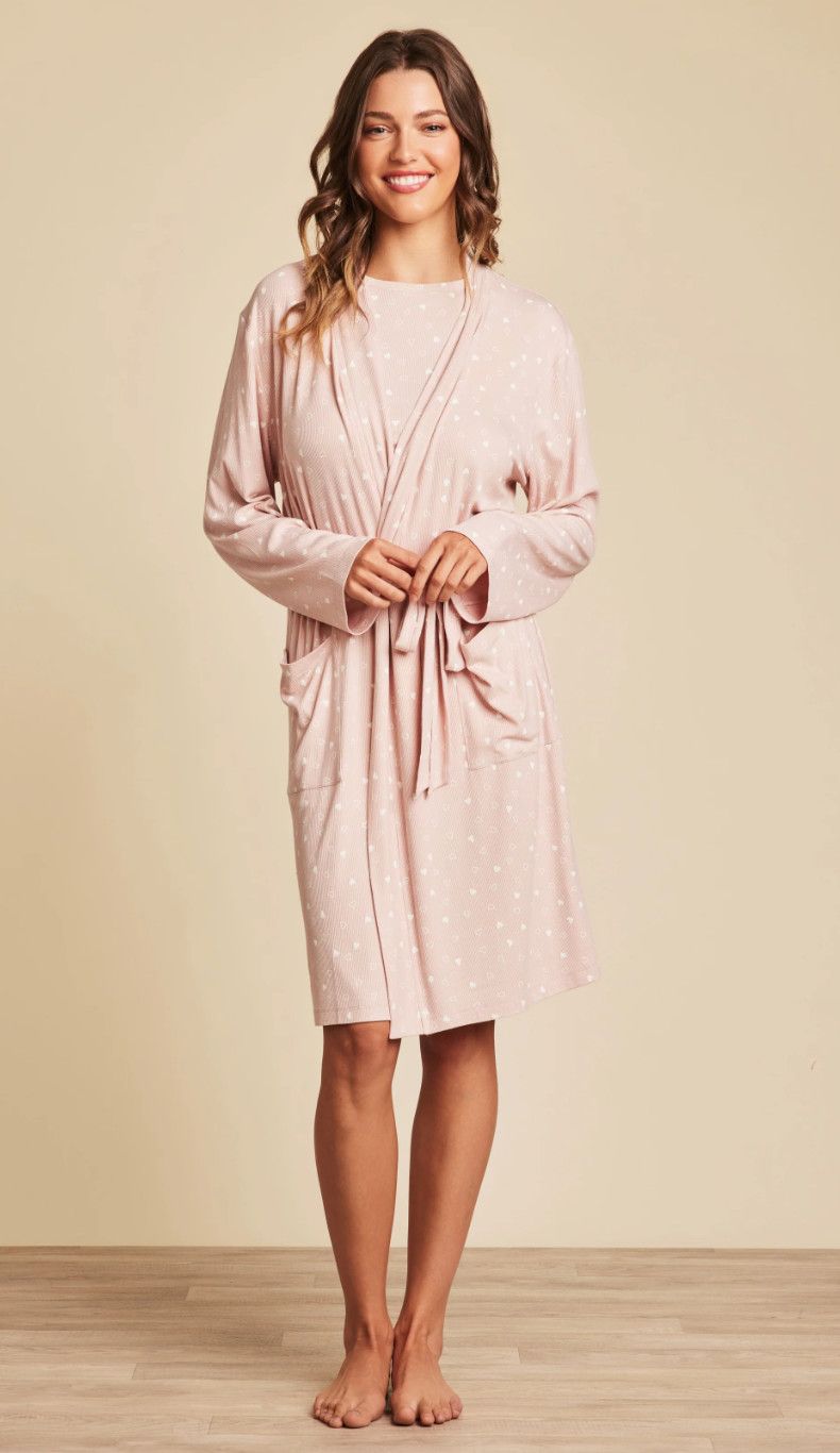 Ultra Soft Rib Robe Pink with White Hearts