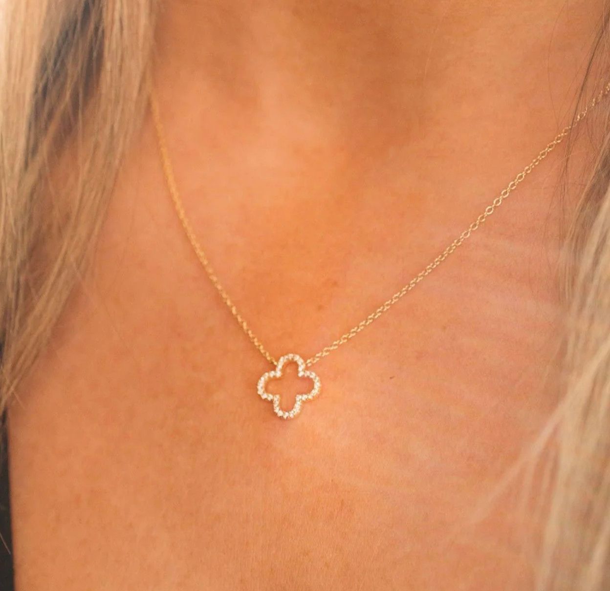 Pave Clover Necklace, Color: Silver