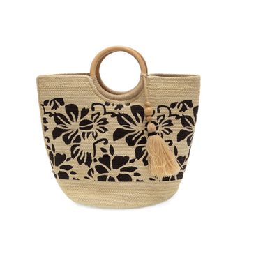 Black Painted Tropical Floral Lydia Jute Tote