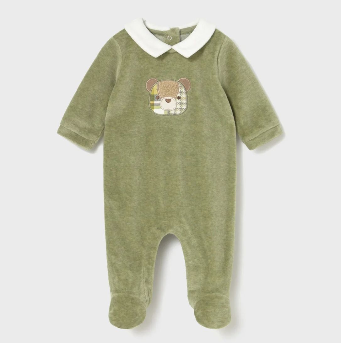 Basil Green Bear Velour Onesie