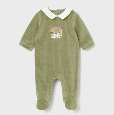 Basil Green Bear Velour Onesie