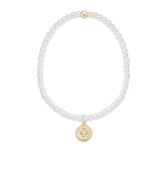 Classic Pearl 3mm Bead Signature Cross Gold Disc Bracelet
