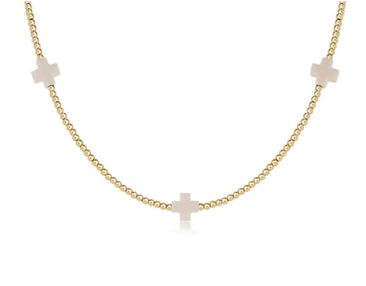 15&quot; Signature Cross Gold Pattern 2mm Bead Off White Choker