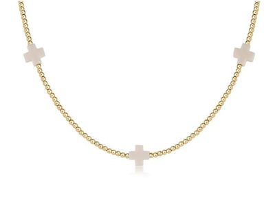 15&quot; Signature Cross Gold Pattern 2mm Bead Off White Choker