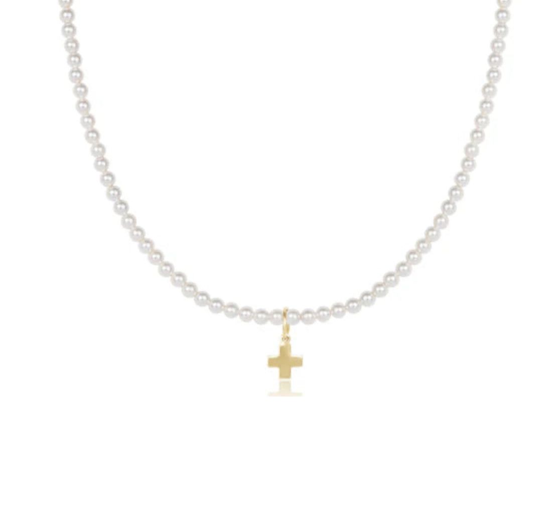 15&quot; Classic Pearl 3mm Bead Signature Gold Cross Charm Choker