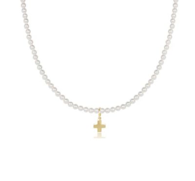 15&quot; Classic Pearl 3mm Bead Signature Gold Cross Charm Choker