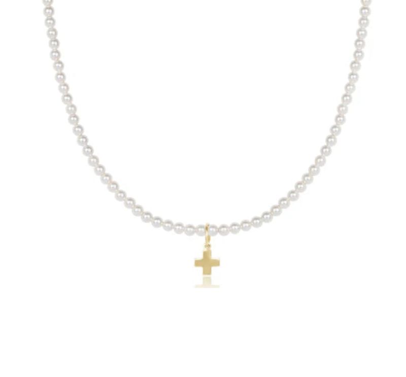 15&quot; Classic Pearl 3mm Bead Signature Gold Cross Charm Choker