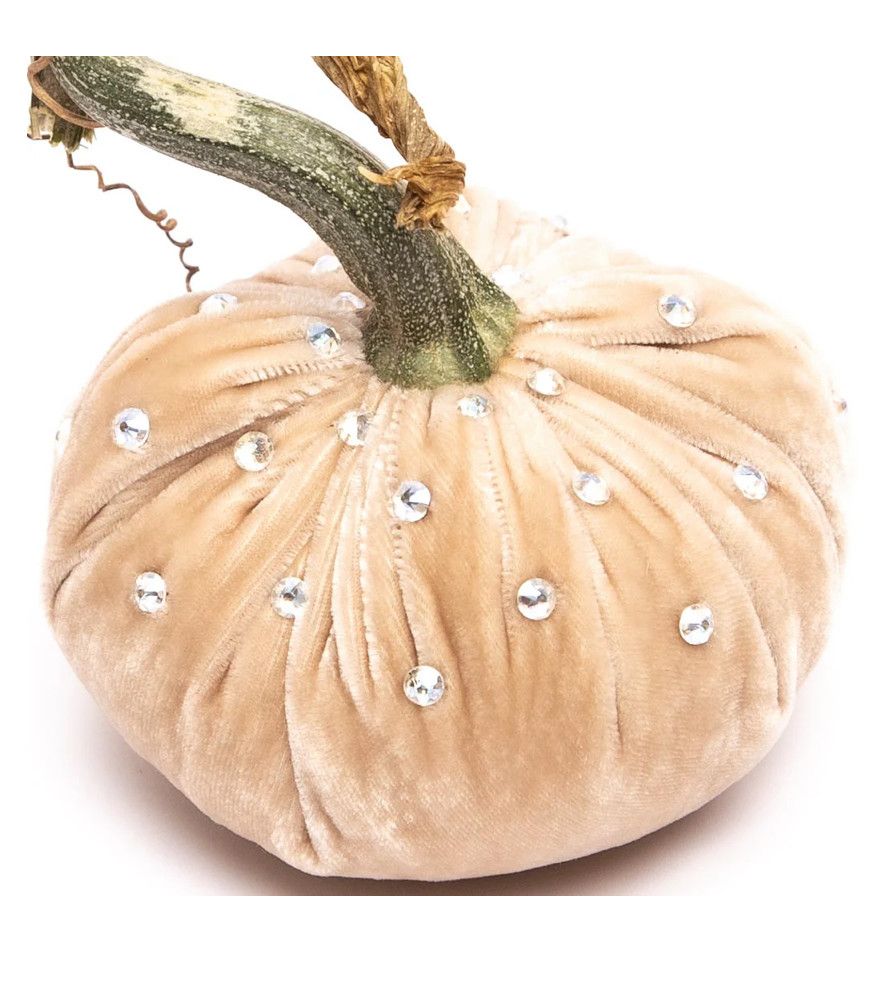 Silk Velvet Pumpkins With Crystals, Color: Cream, Size: 3&quot;