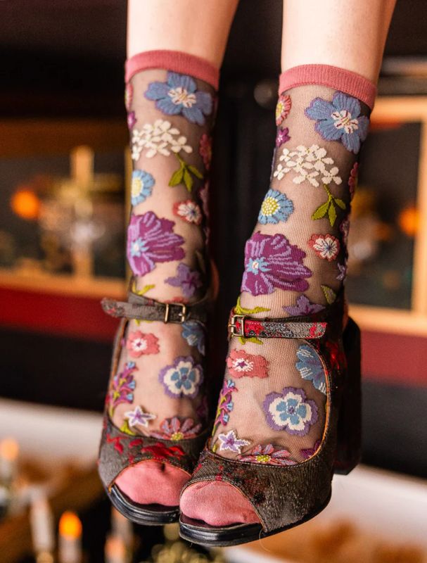 Dark Florals Black Sheer Crew Sock