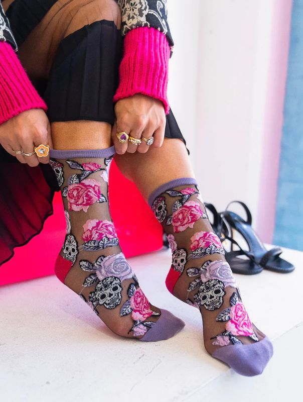 Skulls &amp; Roses Black Sheer Crew Sock