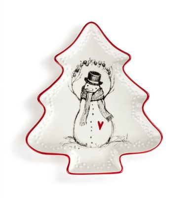 Snowman Red Heart Mini Ceramic Tree Shaped Dish