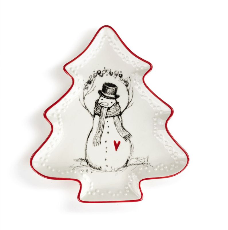 Snowman Red Heart Mini Ceramic Tree Shaped Dish