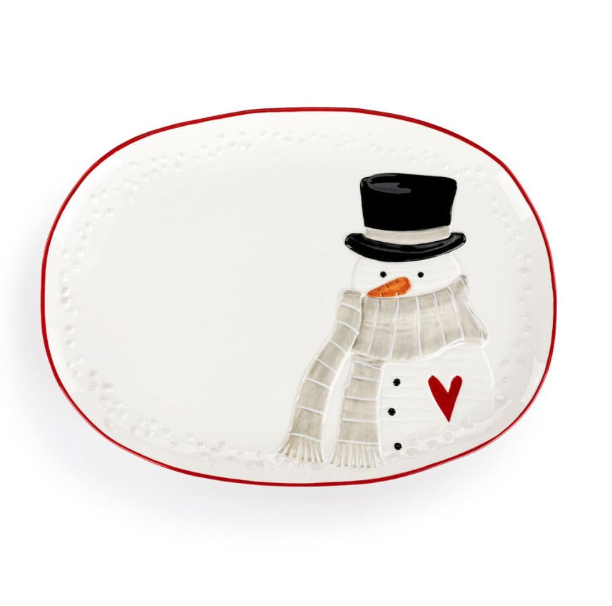 Snowman Red Heart Cream Ceramic Platter