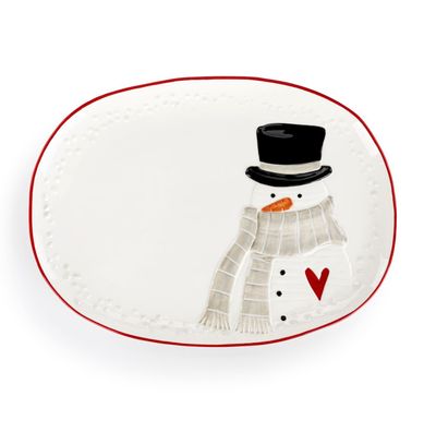 Snowman Red Heart Cream Ceramic Platter