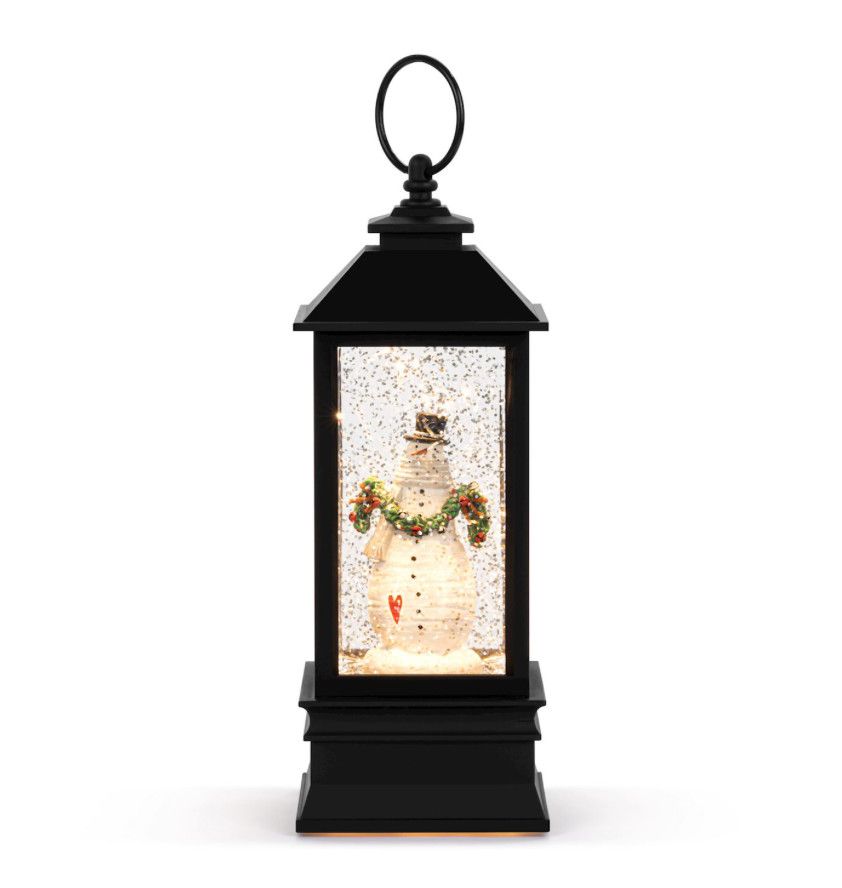 Snowman Red Heart Lit Musical Black Snow Globe Lantern