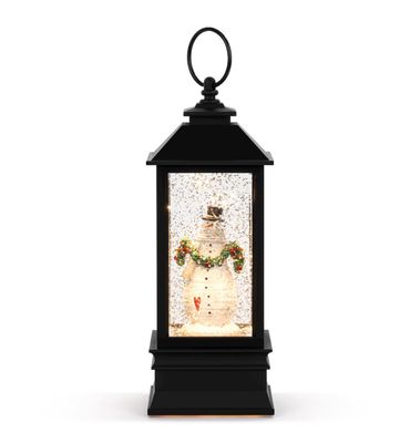 Snowman Red Heart Lit Musical Black Snow Globe Lantern