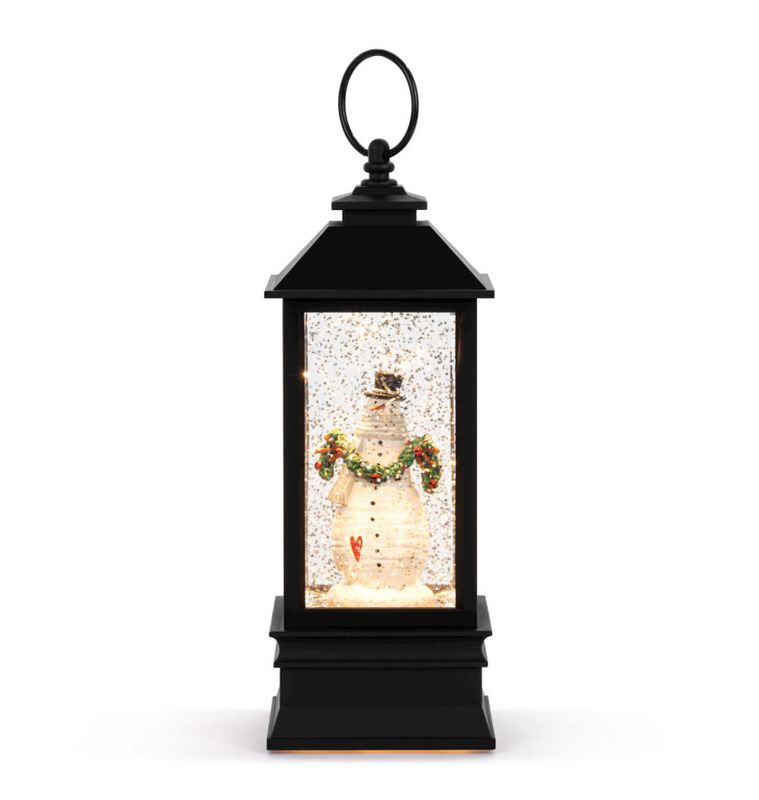 Snowman Red Heart Lit Musical Black Snow Globe Lantern