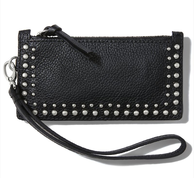 Brighton Pretty Tough Card Pouch in studded leather with zip closure and silver accents, available in Poughkeepsie, NY
