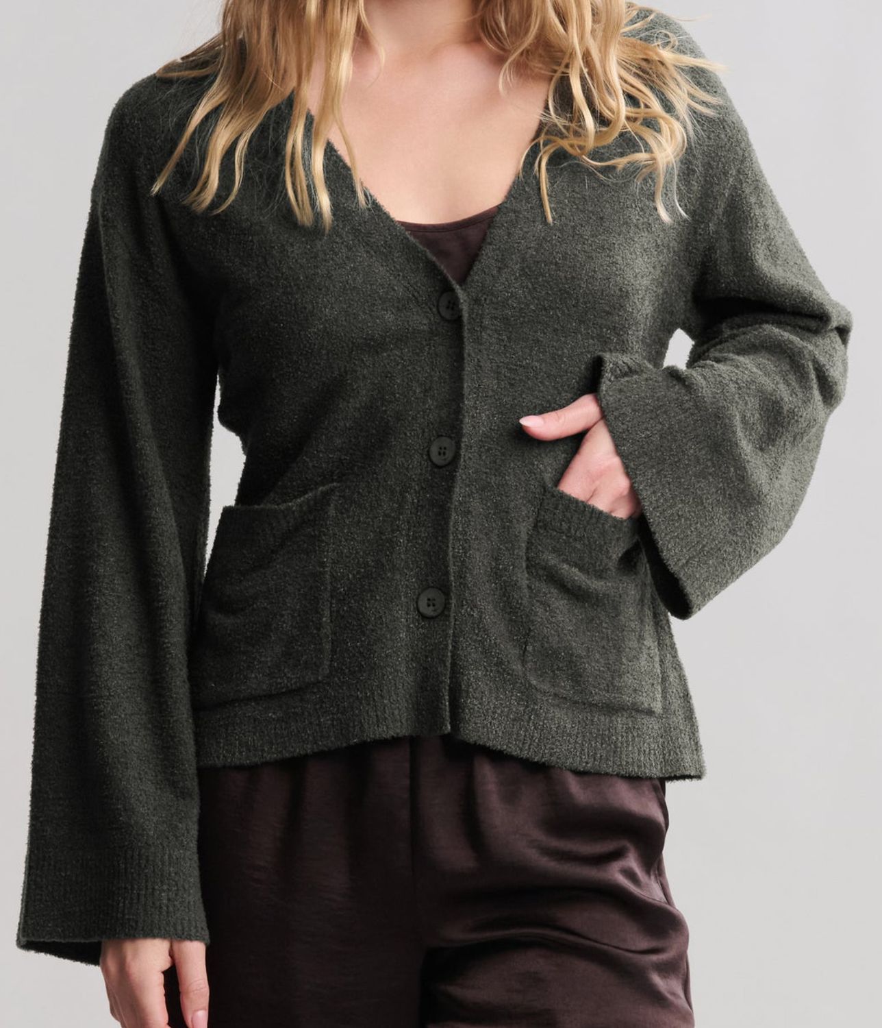 CozyChic Lite® Wide Sleeve Button Front Cardigan, Color: Dark Moss, Size: Small