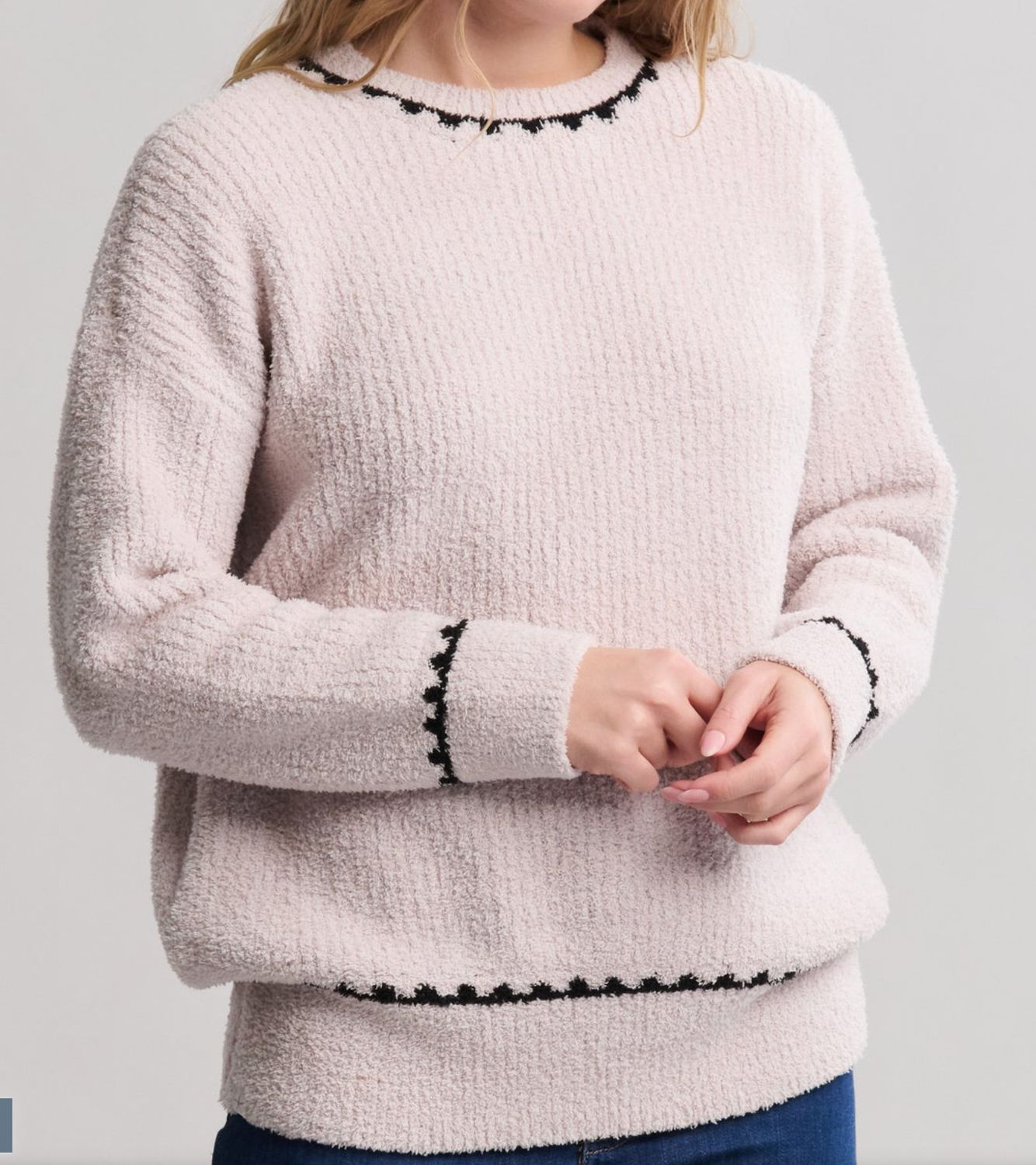 CozyChic® Ribbed Sweater with Blanket Stitch, Color: Stone, Size: Small