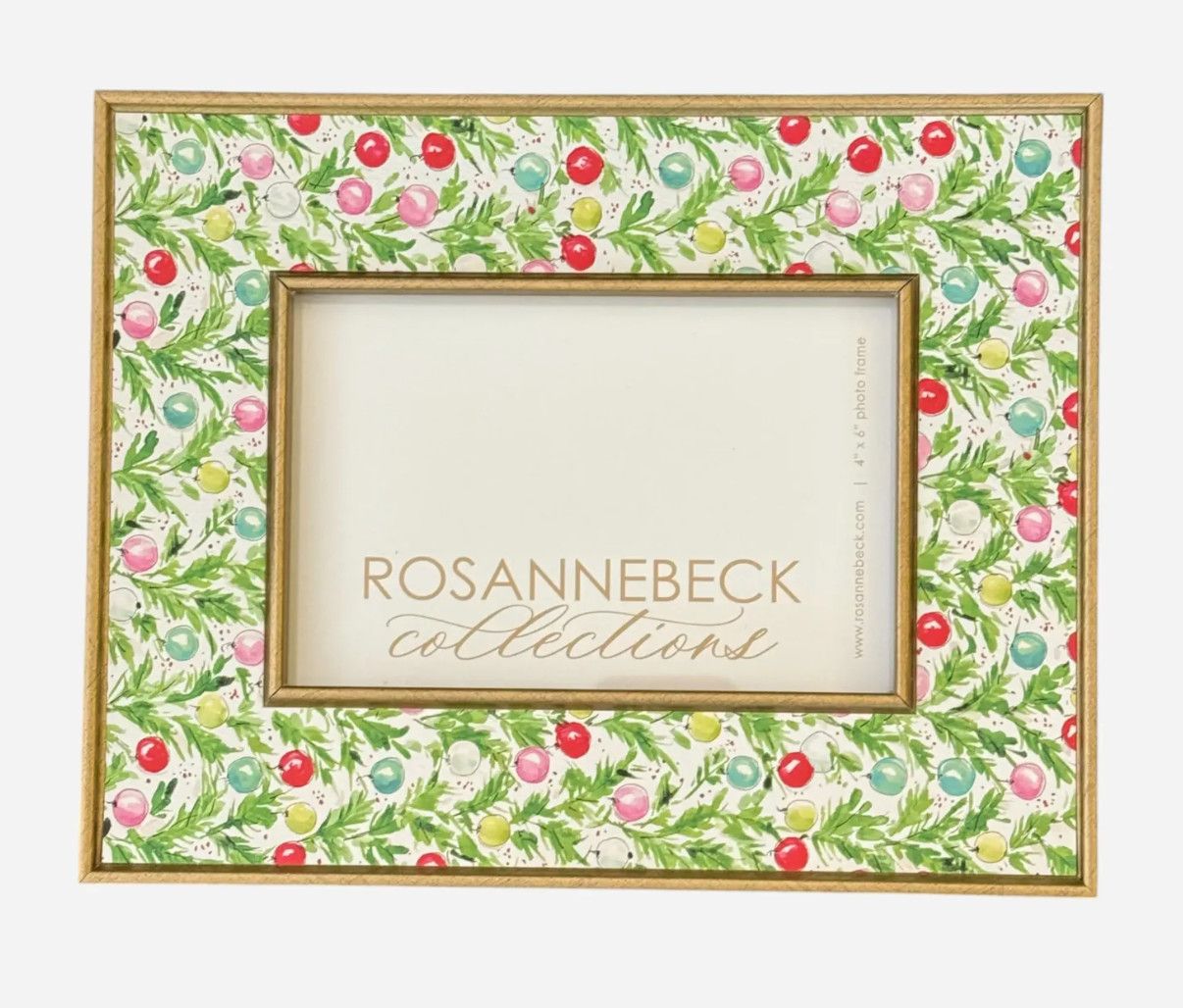 Gold Hand Painted Green Holly and Colorful Ornaments 4x6 Frame