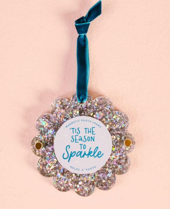 'Tis The Season To Sparkle Silver Glitter Scalloped Round Picture Frame Ornament