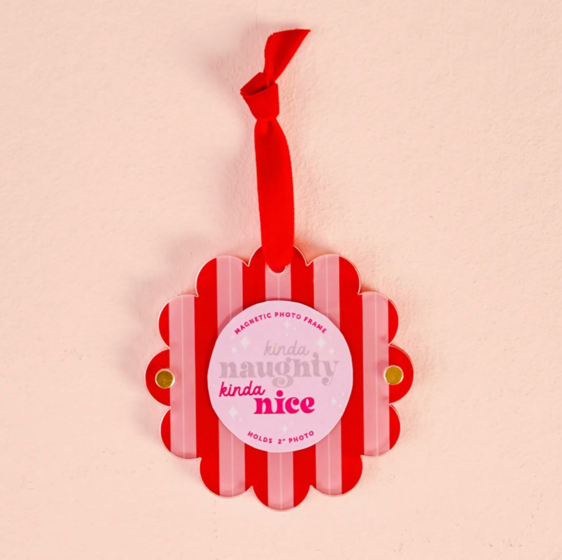 Kinda Naughty Kinda Nice Peppermint Stripes Scalloped Round Picture Frame Ornament