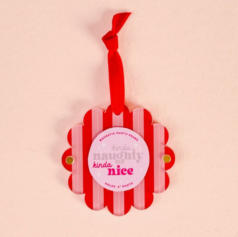Kinda Naughty Kinda Nice Peppermint Stripes Scalloped Round Picture Frame Ornament