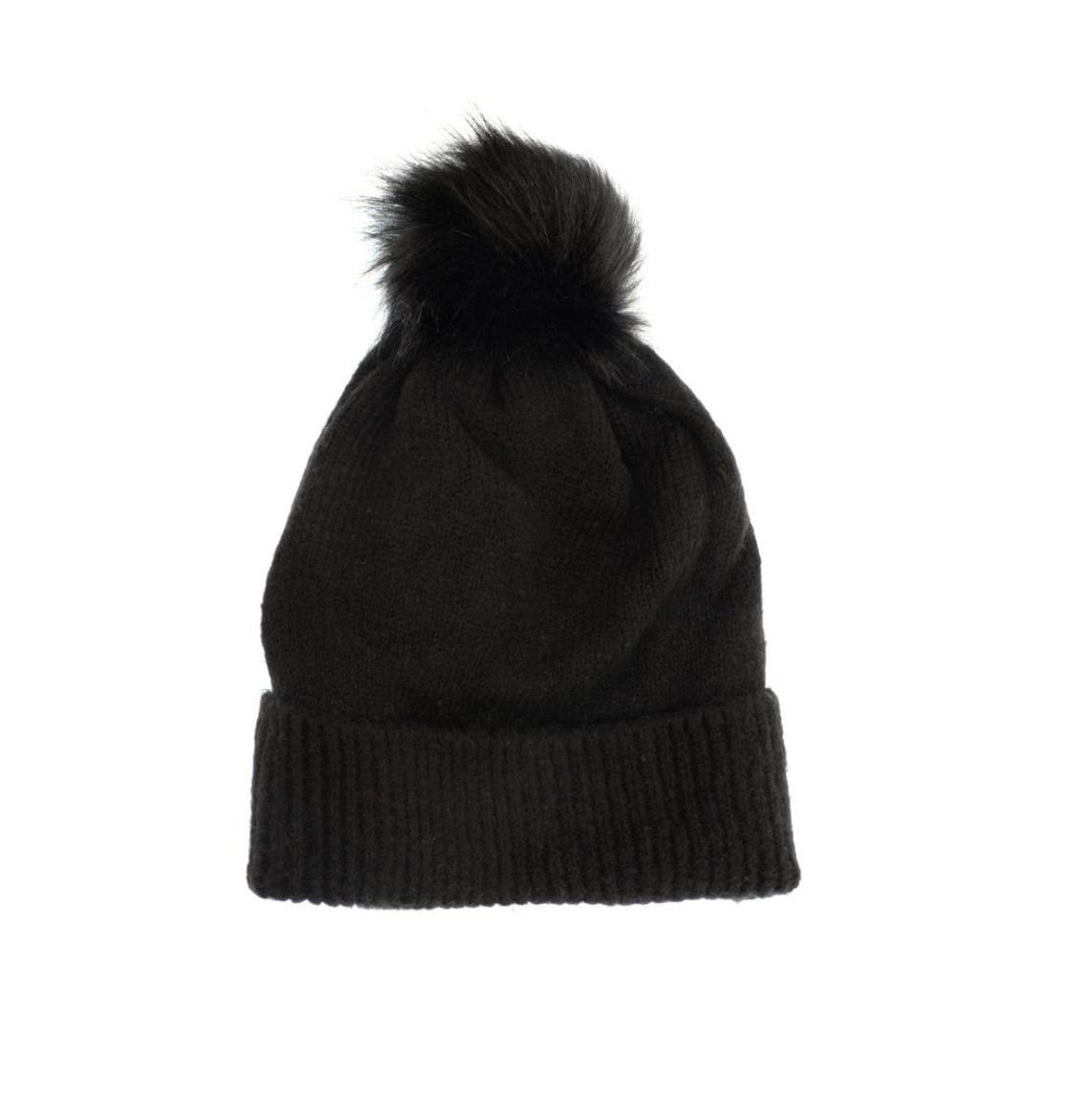 Black Fine Rib Knit Pom Pom Hat