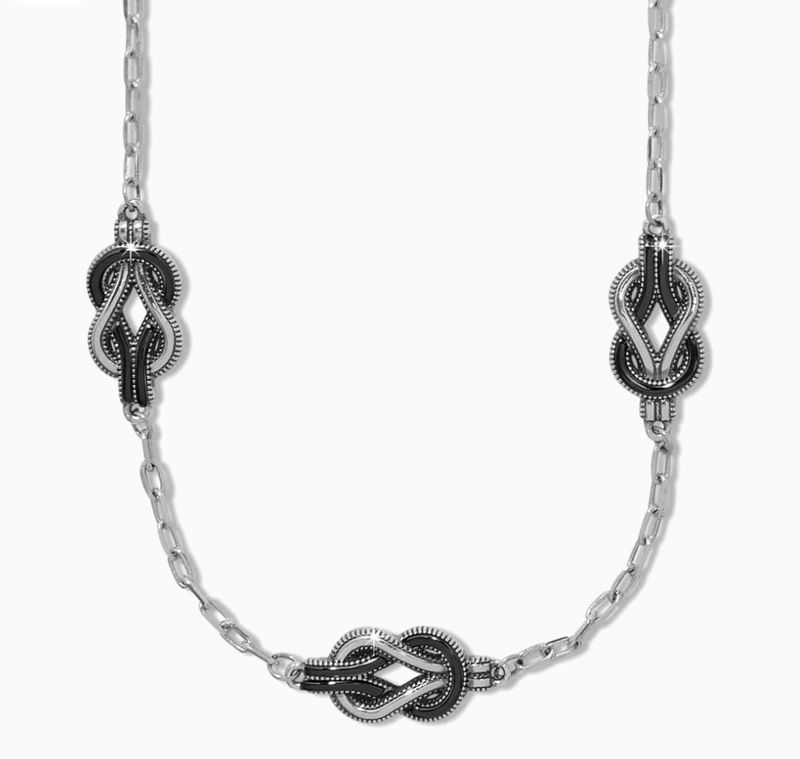 Brighton Interlok Harmony Black Trio Necklace with black cord and polished silver-tone accents in a layered design