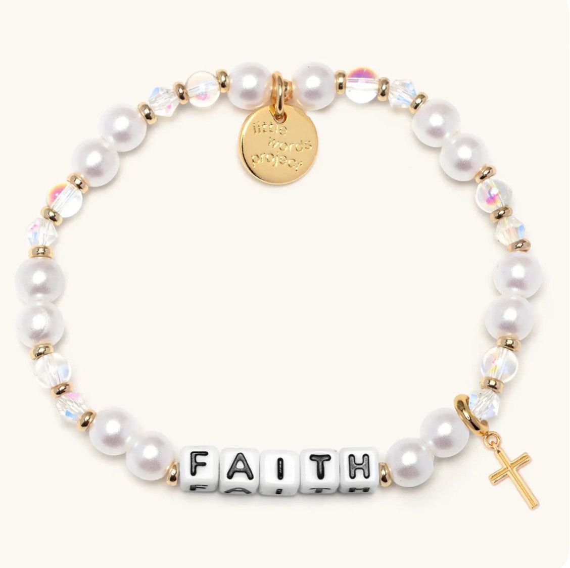 Little Words Faith Charm Moonlit Love Bracelet with white pearl  beaded design and “Faith” word