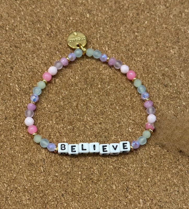 Little Words Believe Pink Bracelet with colorful beaded design and “Believe” word