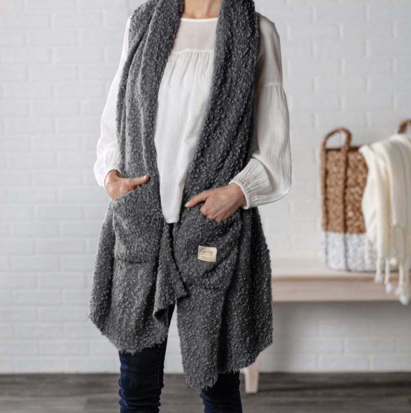 Giving Collection charcoal gray shawl with pockets cozy wrap available at our Poughkeepsie NY boutique