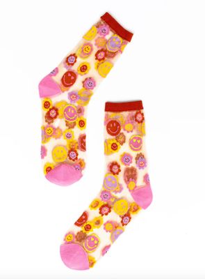 Smiley Face Daisy Sheer Crew Sock