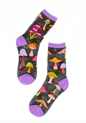 Magic Mushrooms Black Sheer Crew Sock