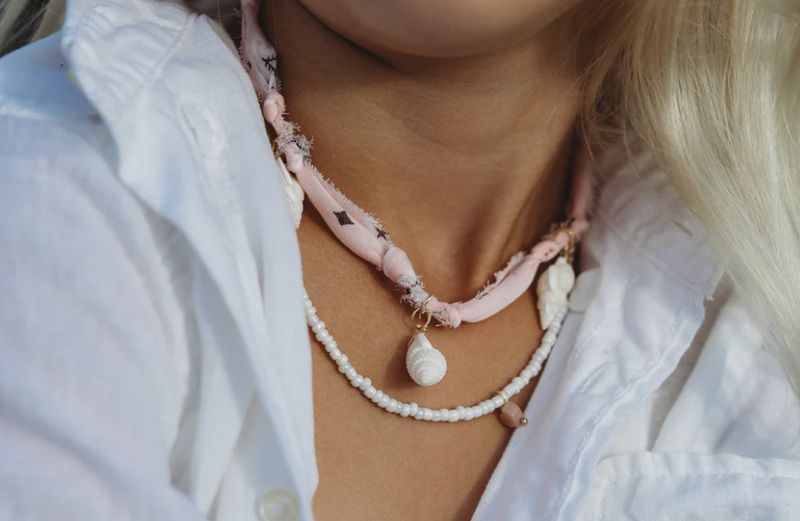 Hazel Pink Bandana Necklace with White Shells