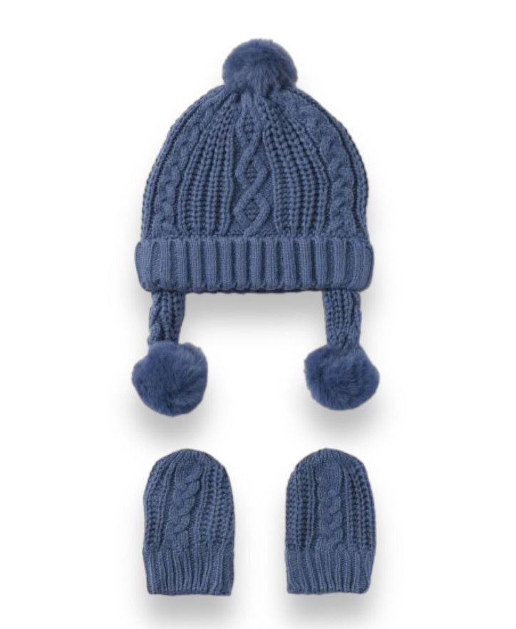 Knit Hat &amp; Mittens, Color: Winter Blue, Size: 3mo