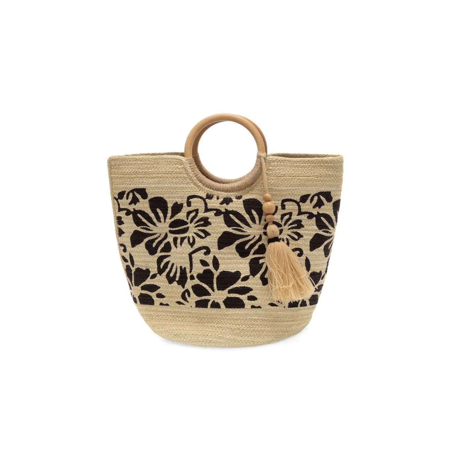 Painted Tropical Floral Lydia Wood Handle Jute Tote