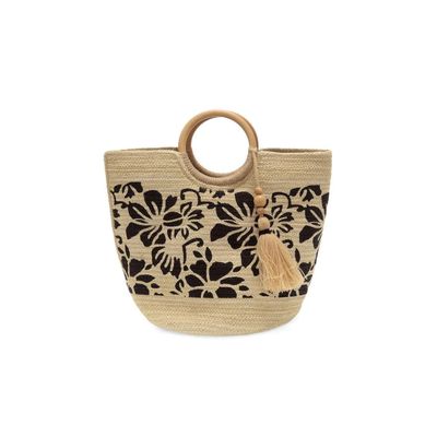 Painted Tropical Floral Lydia Wood Handle Jute Tote