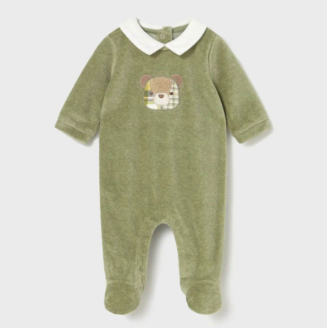 Basil Green Bear Velour Onesie, Size: 0-1. Newborn
