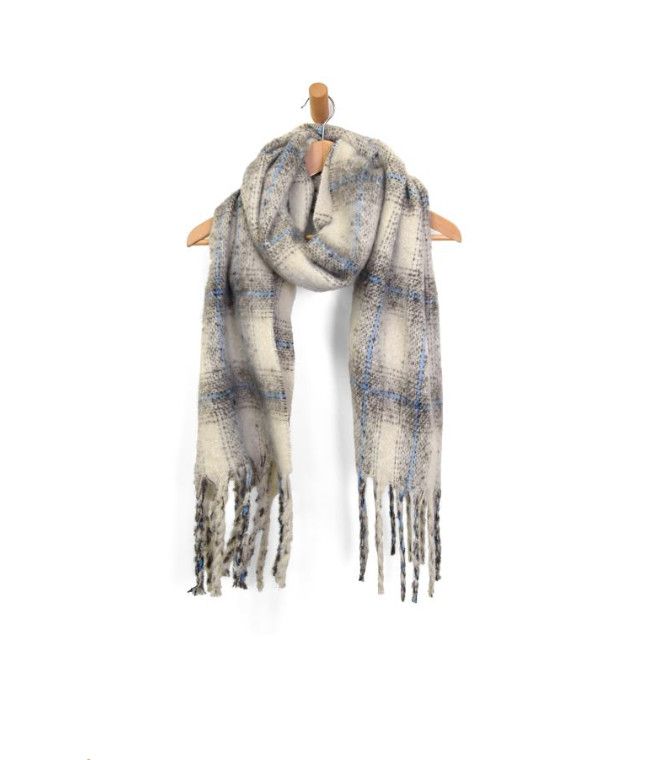 Snug Plaid Fringe Scarf, Color: Bone
