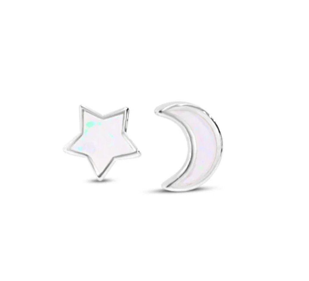 Starry Night Moon &amp; Star Studs, Style: White Opal, Color: Silver