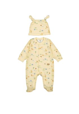 Mayoral sunny yellow jungle long baby onesie with matching hat and soft fabric at our boutique in Poughkeepsie NY
