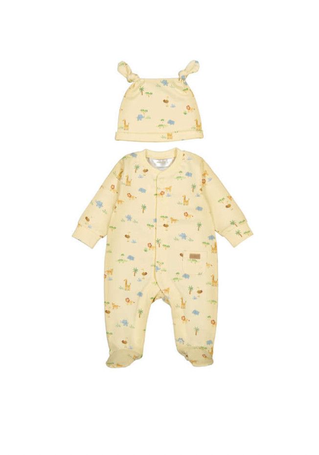 Sunny Yellow Jungle Long Onesie With Hat, Size: 0-1. Newborn